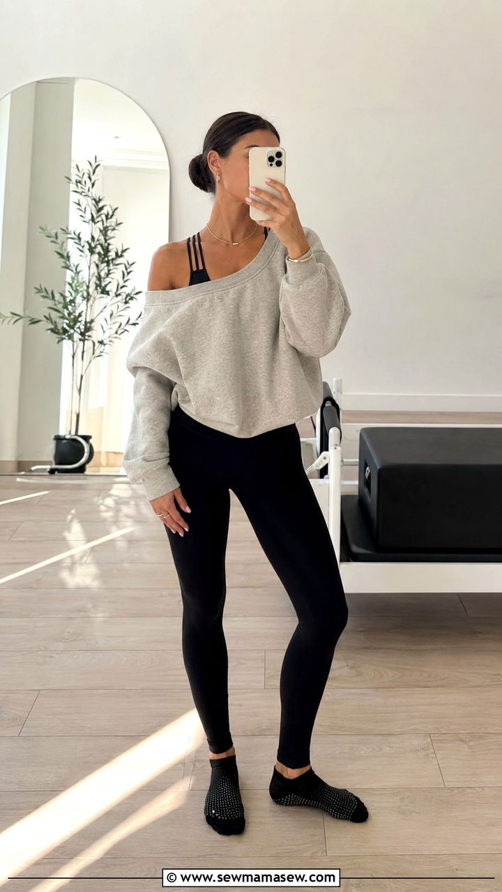 Off Shoulder Sweatshirt and High Waist Leggings - 25 Pilates aesthetic outfit ideas