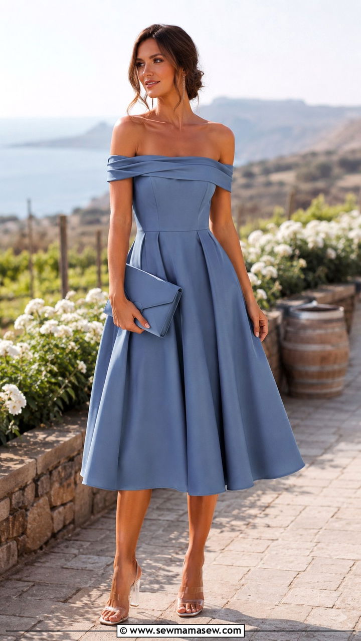 Off Shoulder Tea Length Dress With Minimalist Jewelry - 20 Wedding guest outfit ideas tea length dress