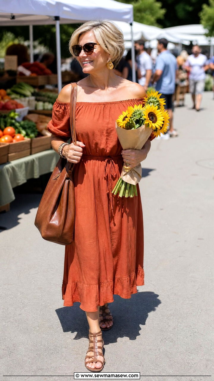 Off Shoulder Terracotta Dress With Gladiator Sandals - 25 Brunch outfit ideas for women over 50