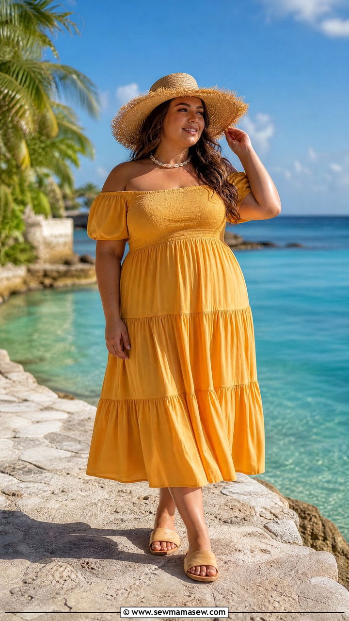 Off Shoulder Tiered Midi Dress For Vacation - 30 summer outfits for plus size women