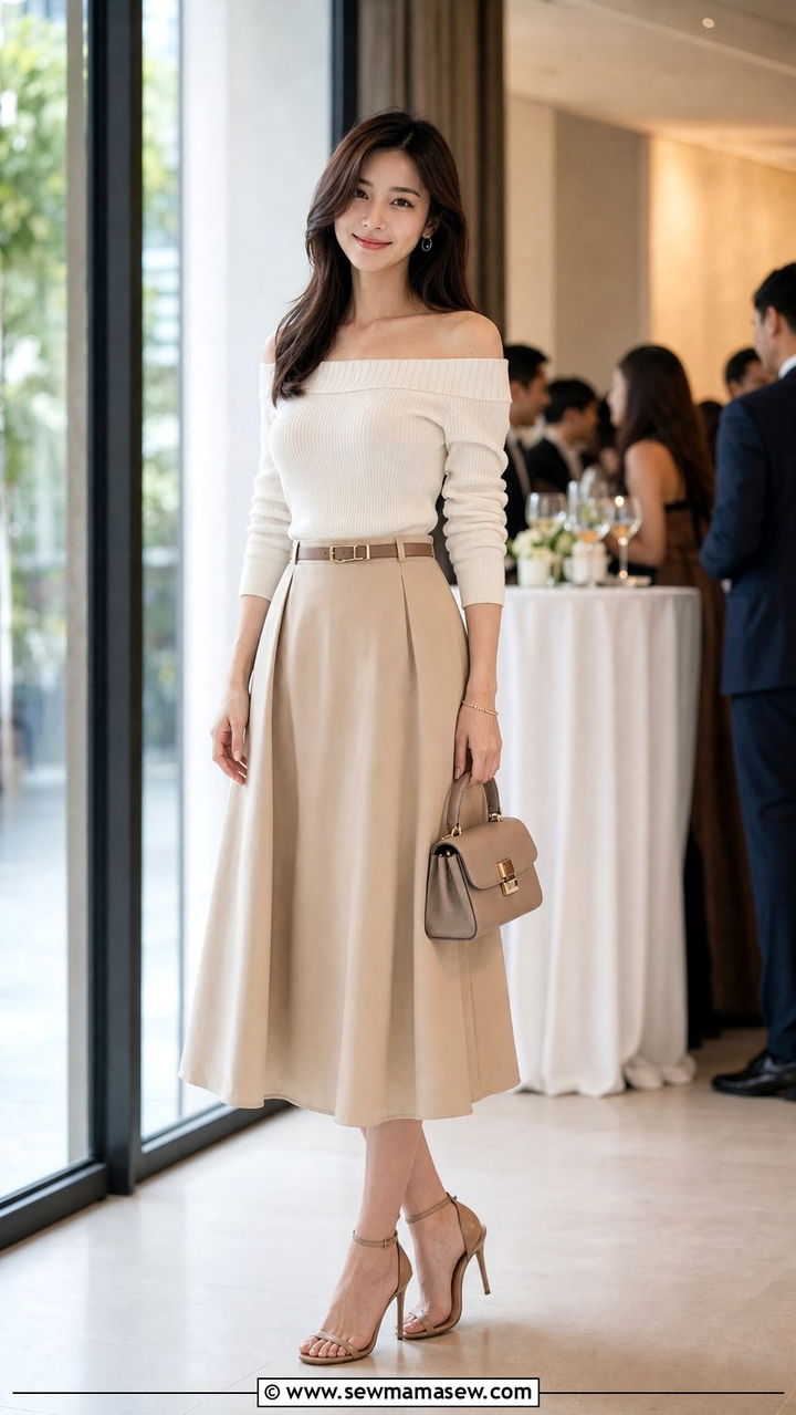 Off Shoulder Top A Line Skirt Outfit - 25 classy outfits for rectangle body shape