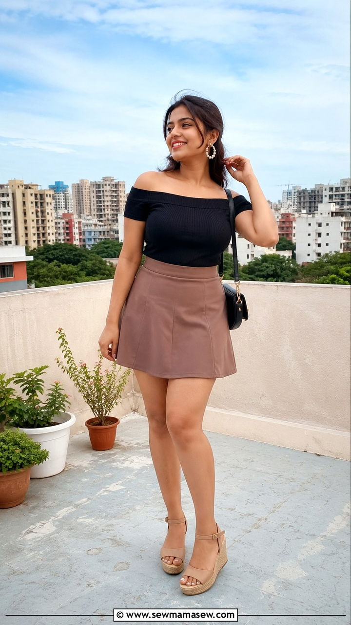 Off Shoulder Top And A Line Mini Skirt Outfit - 30 Petite curvy outfit ideas