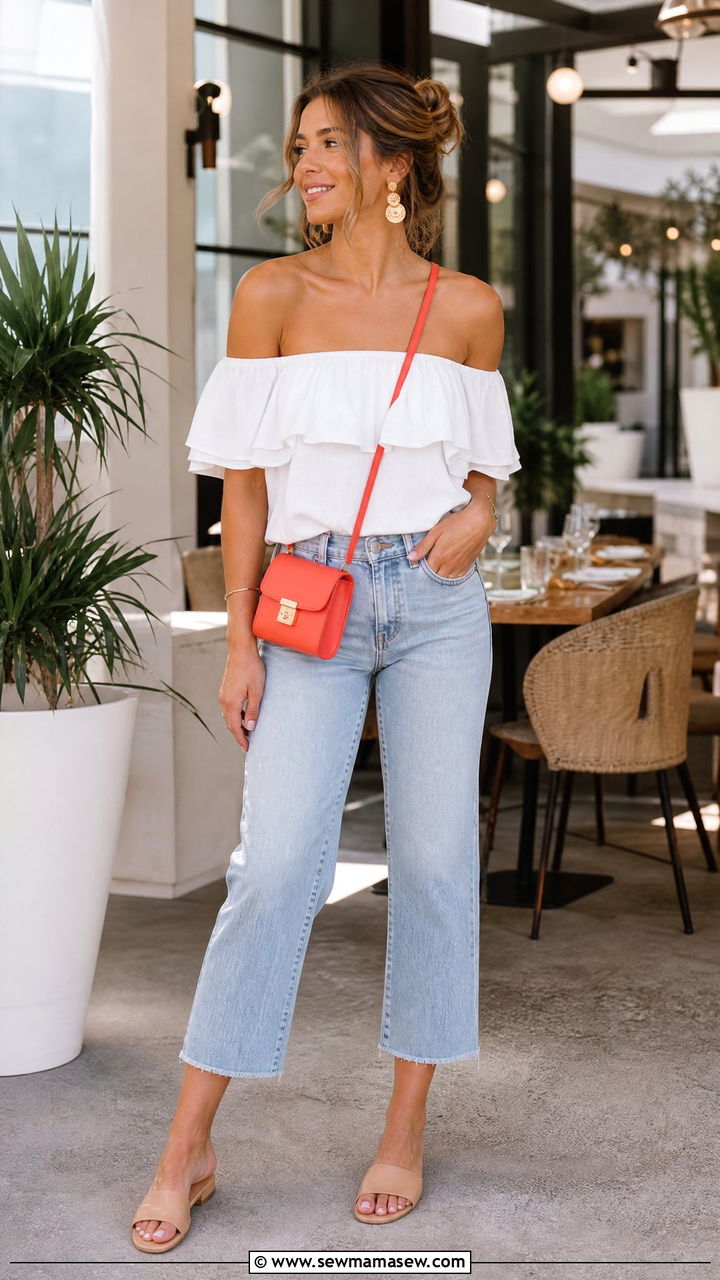 Off Shoulder Top And Cropped Jeans With Crossbody Bag - 30 Summer outfits with crossbody bags