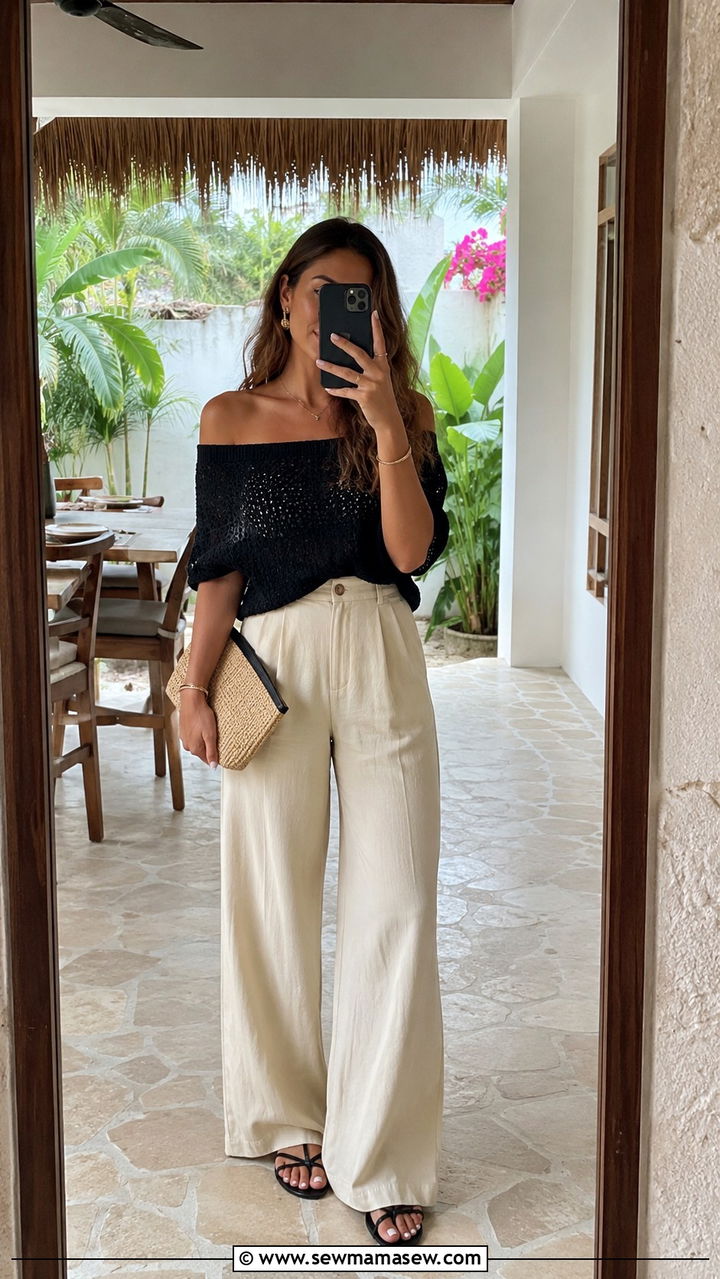 Off Shoulder Top And High Waist Trousers Brunch Look - 30 brunch outfits inspo