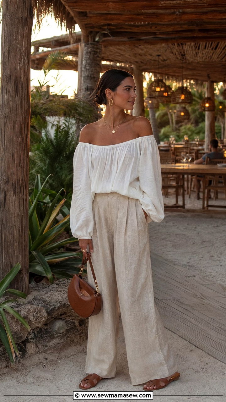 Off Shoulder Top And Linen Trousers Tulum Outfit - 30 Tulum outfit ideas