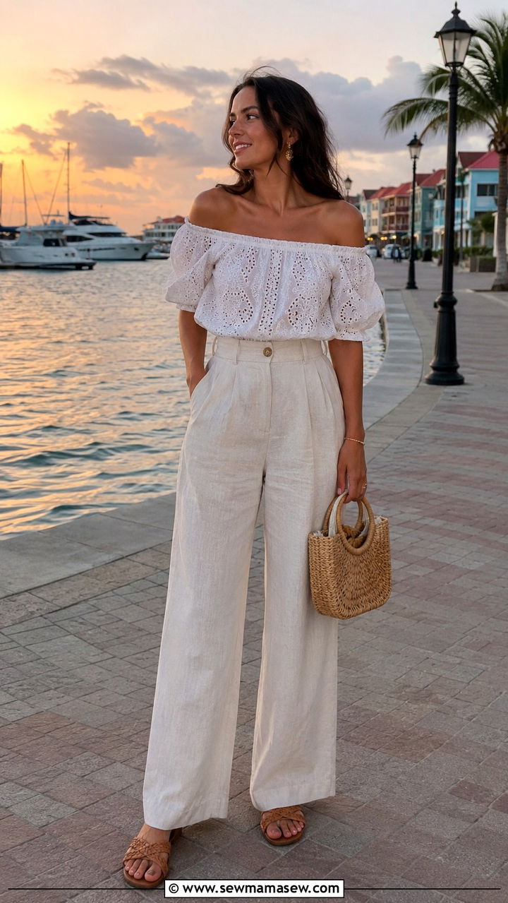 Off Shoulder Top And Wide Leg Linen Pants Aruba - 25 Aruba outfit ideas