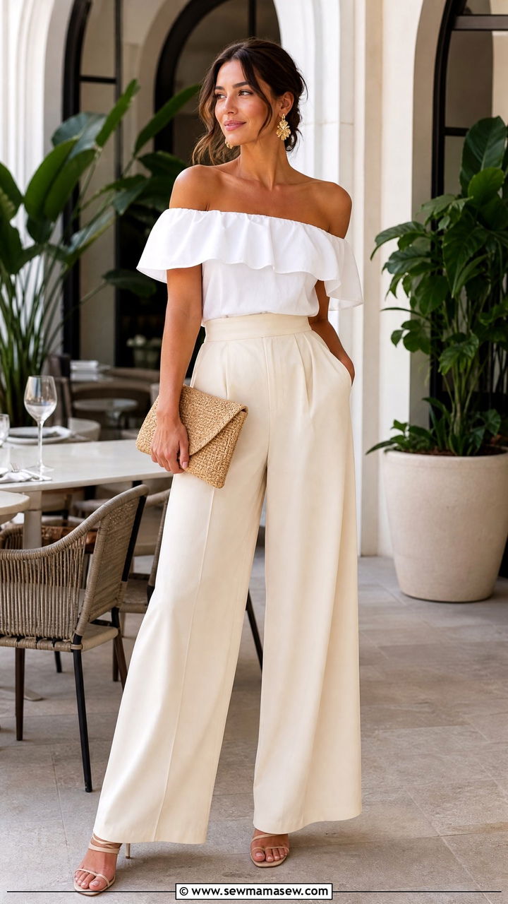 Off Shoulder Top And Wide Leg Pants - 30 Effortless brunch outfit ideas
