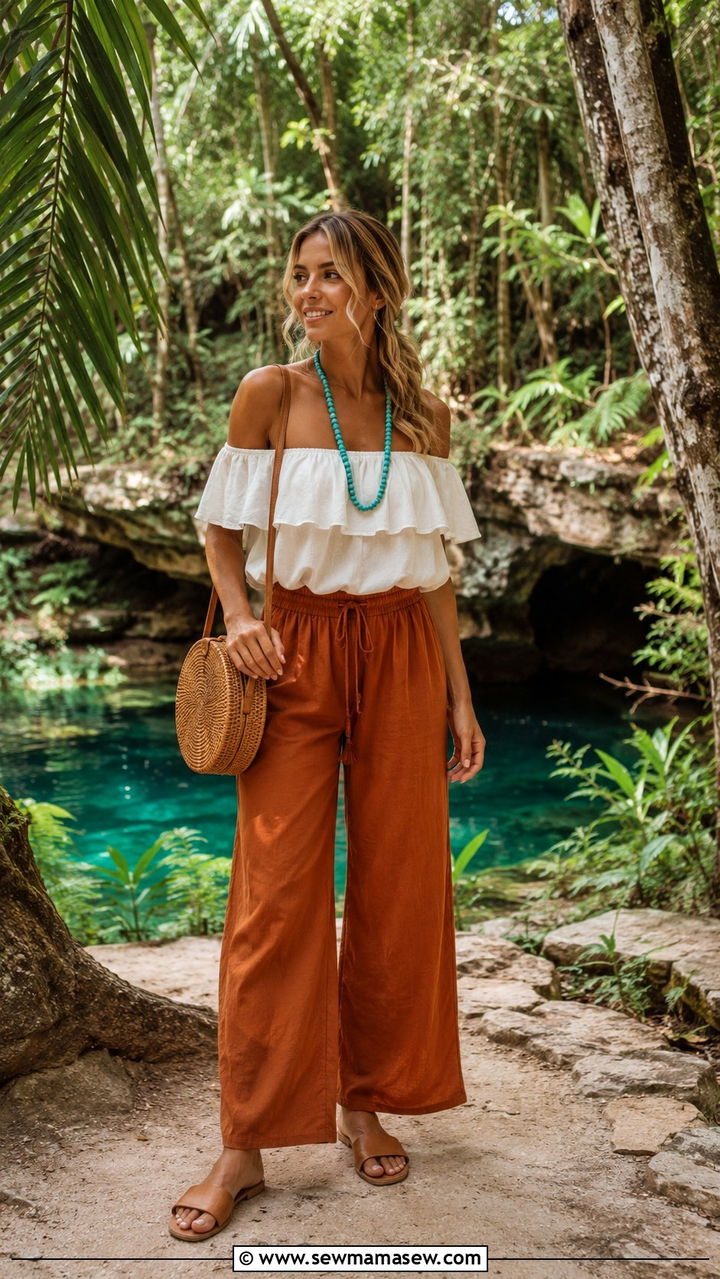 Off Shoulder Top And Wide Leg Pants Tulum - 25 Tulum boho outfit ideas