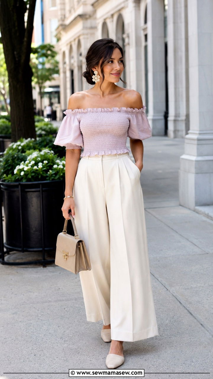 Off Shoulder Top And Wide Leg Trousers - 30 May Mother's Day outfit ideas