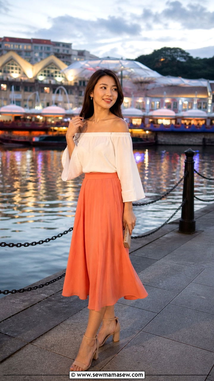 Off Shoulder Top Midi Skirt Heeled Sandals - 40 Singapore outfit ideas