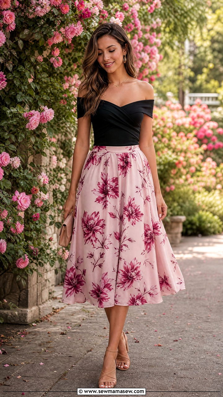 Off Shoulder Top With A Floral Midi Skirt - 30 Galentine's Day outfit ideas