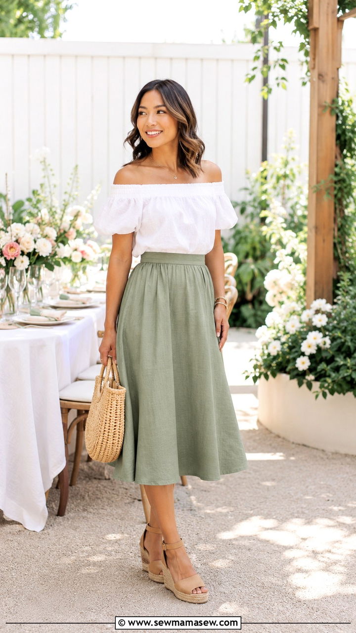 Off Shoulder Top With A Line Midi Skirt And Wedge Sandals - 25 Petite outfit ideas with midi skirt