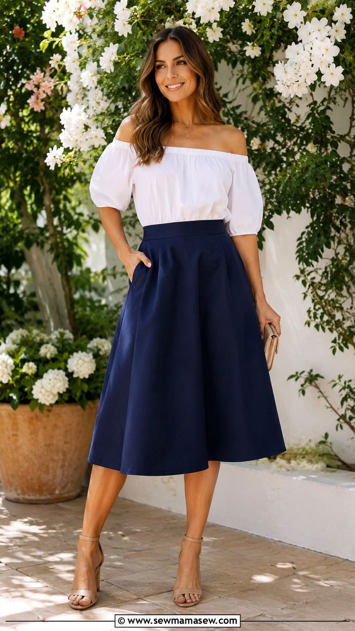 Off Shoulder Top With A Line Skirt For Photoshoot - 25 Photoshoot outfits for pear shape