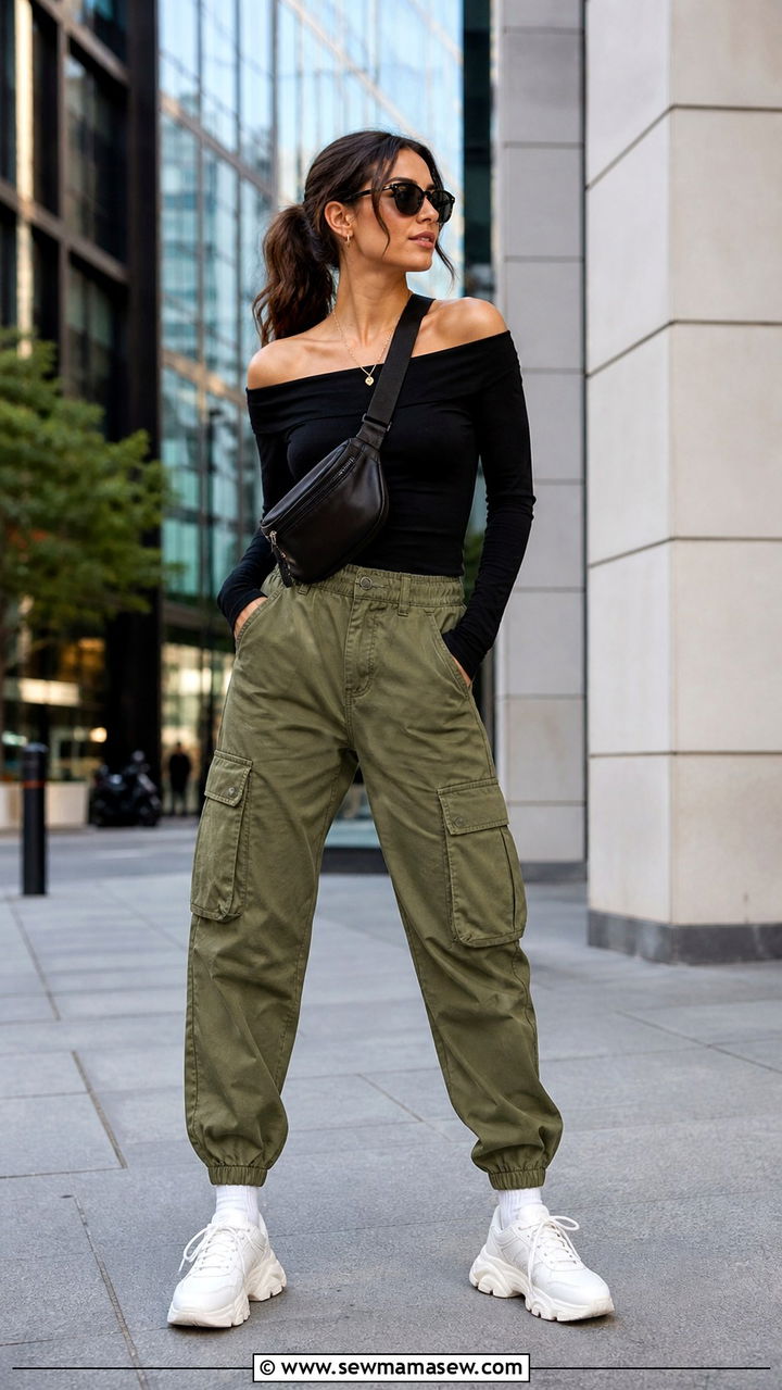 Off Shoulder Top With Cargo Pants And Chunky Sneakers - 40 Off the shoulder top outfit ideas
