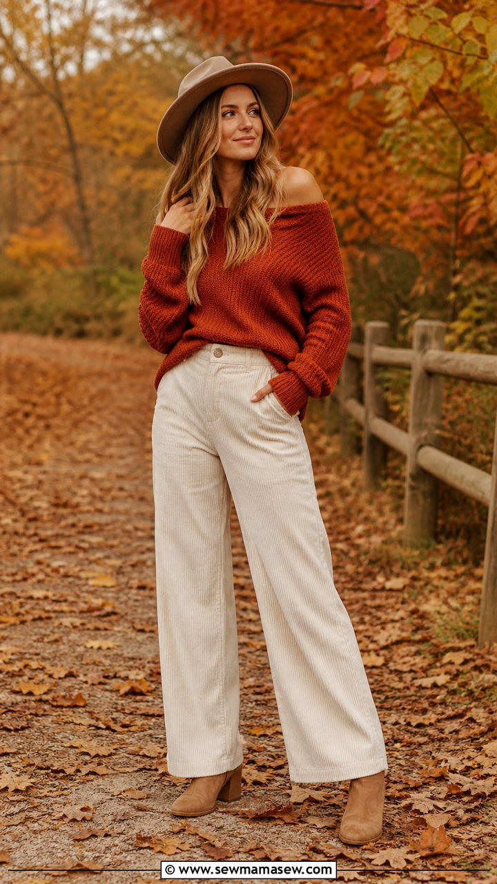 Off Shoulder Top With Corduroy Pants And Ankle Boots - 40 Off the shoulder top outfit ideas