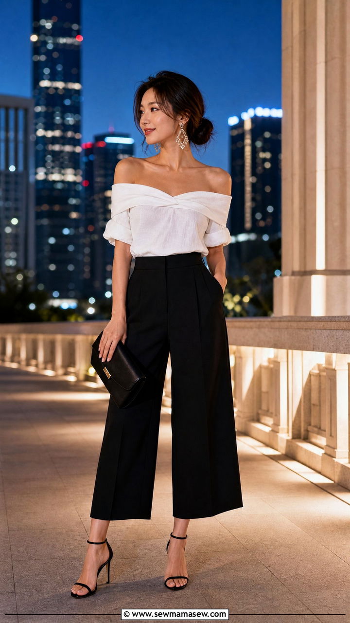Off Shoulder Top With Cropped Wide Leg Trousers - 30 Summer capsule wardrobe for petite women