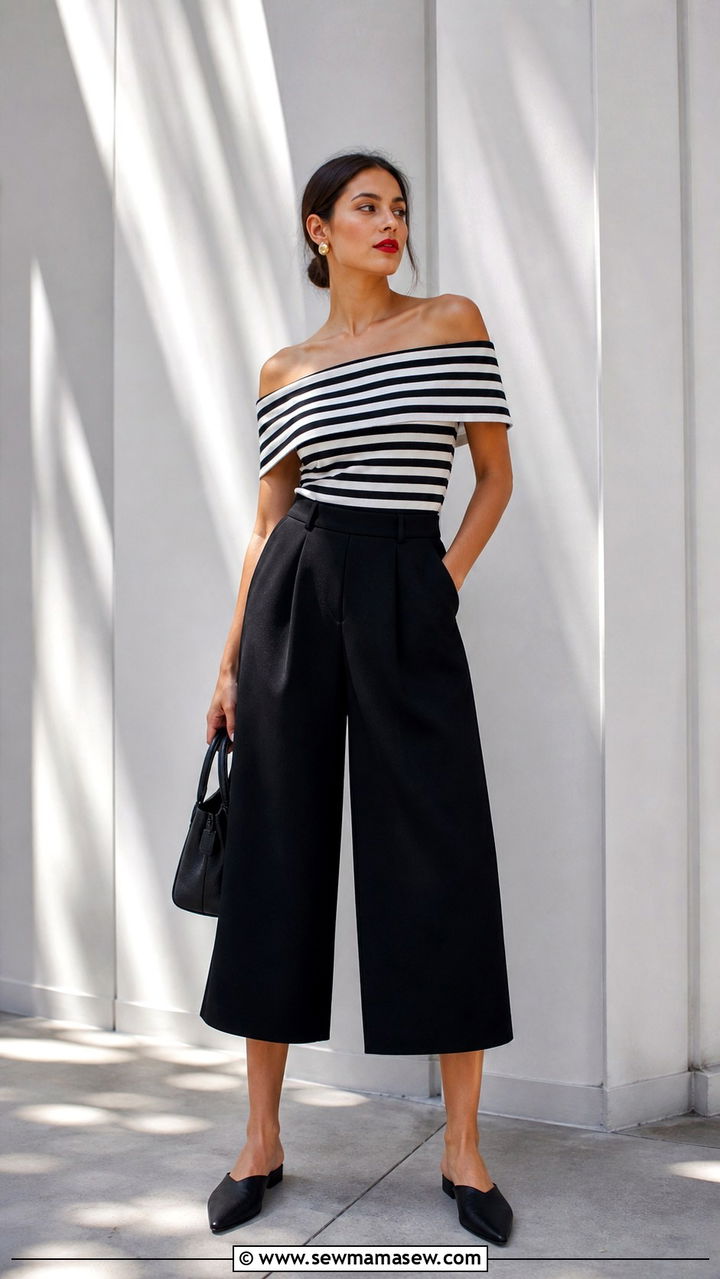 Off Shoulder Top With Culottes And Flat Mules - 40 Off the shoulder top outfit ideas