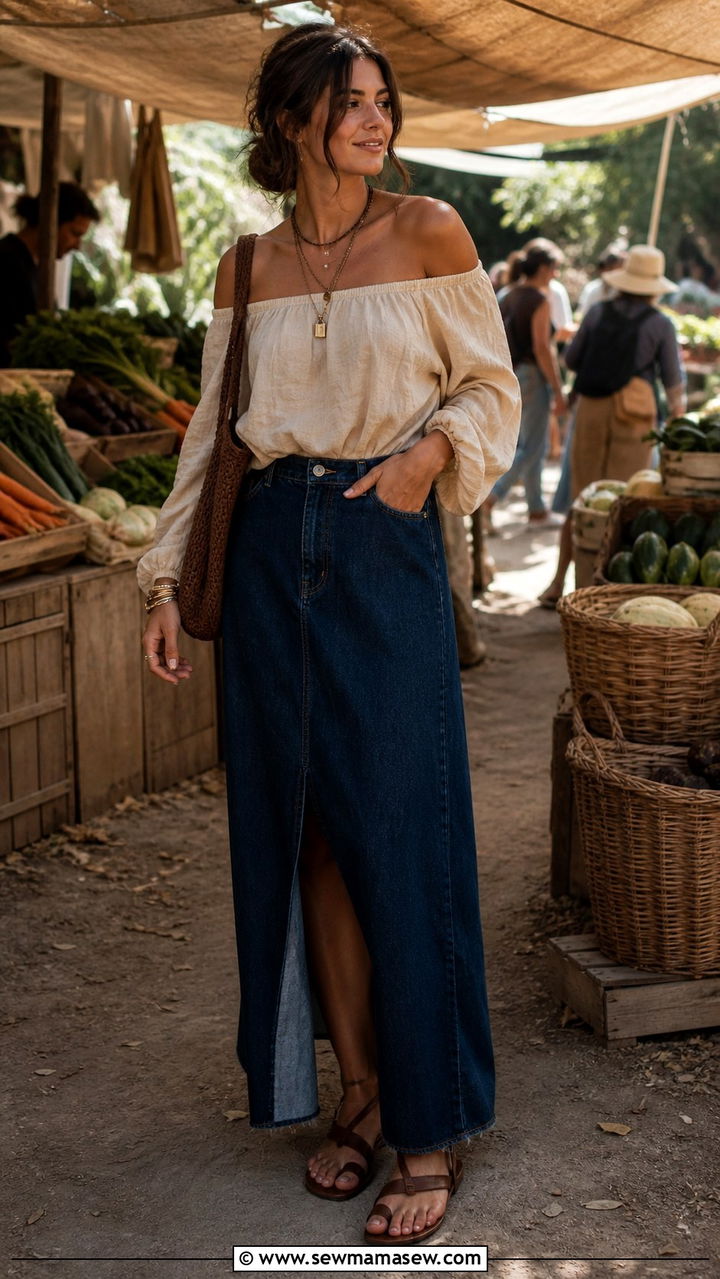 Off Shoulder Top With Denim Maxi Skirt And Flat Sandals - 40 Off the shoulder top outfit ideas