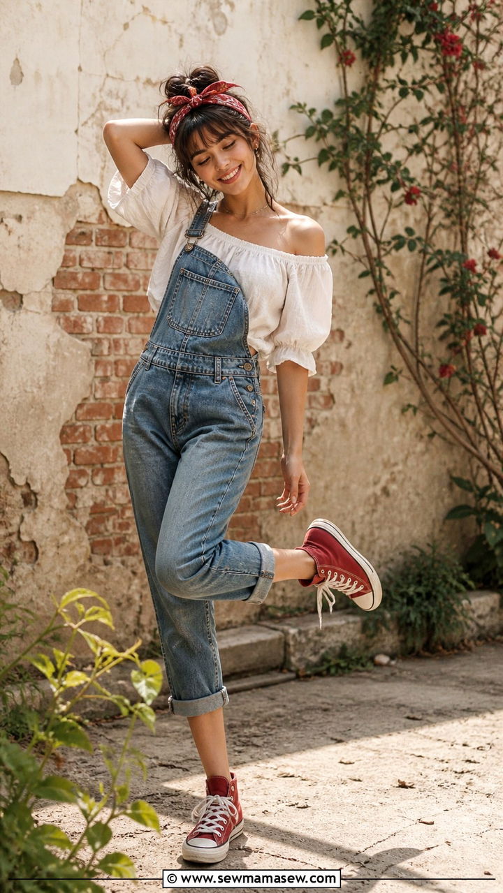 Off Shoulder Top With Denim Overalls Draped Down - 40 Off the shoulder top outfit ideas