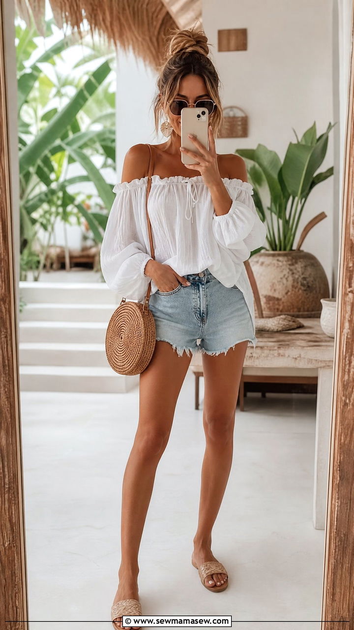 Off Shoulder Top With Denim Shorts And Sandals - 35 hot weather outfits Pinterest