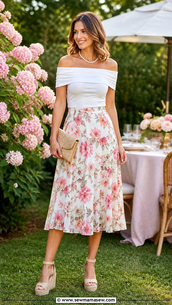 Off Shoulder Top With Floral Midi Skirt And Espadrilles - 40 Off the shoulder top outfit ideas