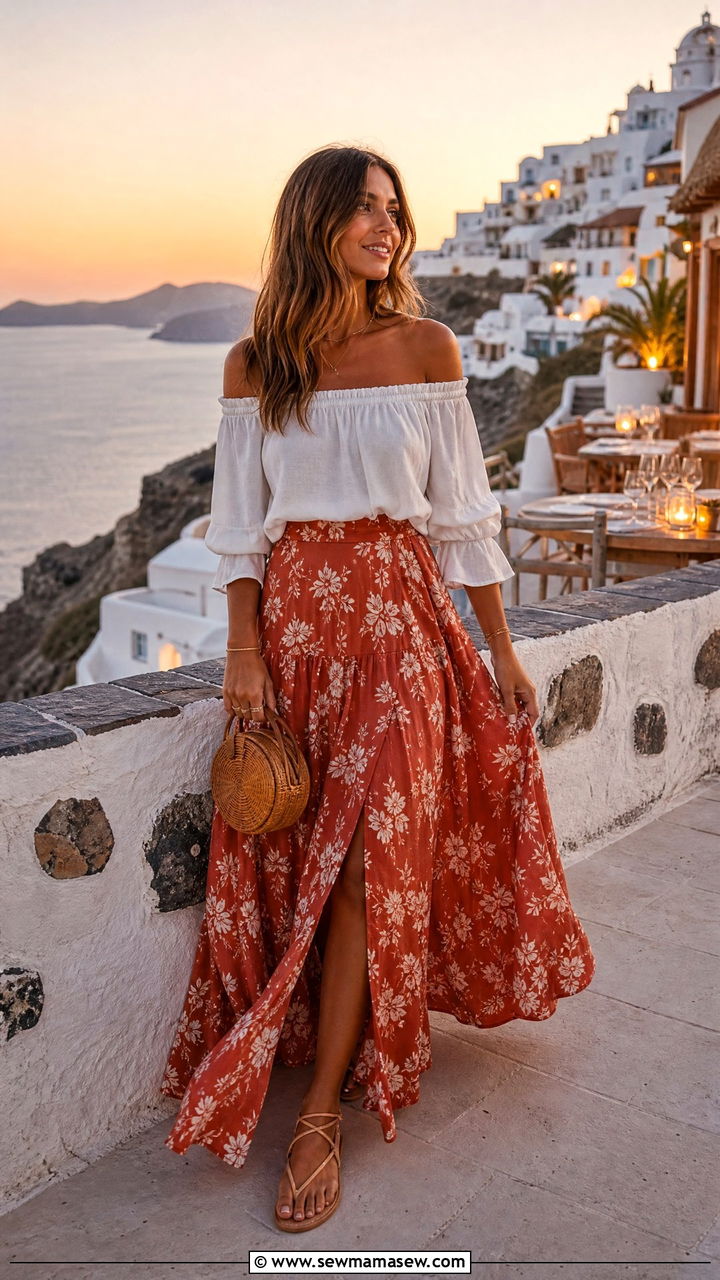 Off Shoulder Top With Flowy Maxi Skirt - 30 summer european outfit ideas