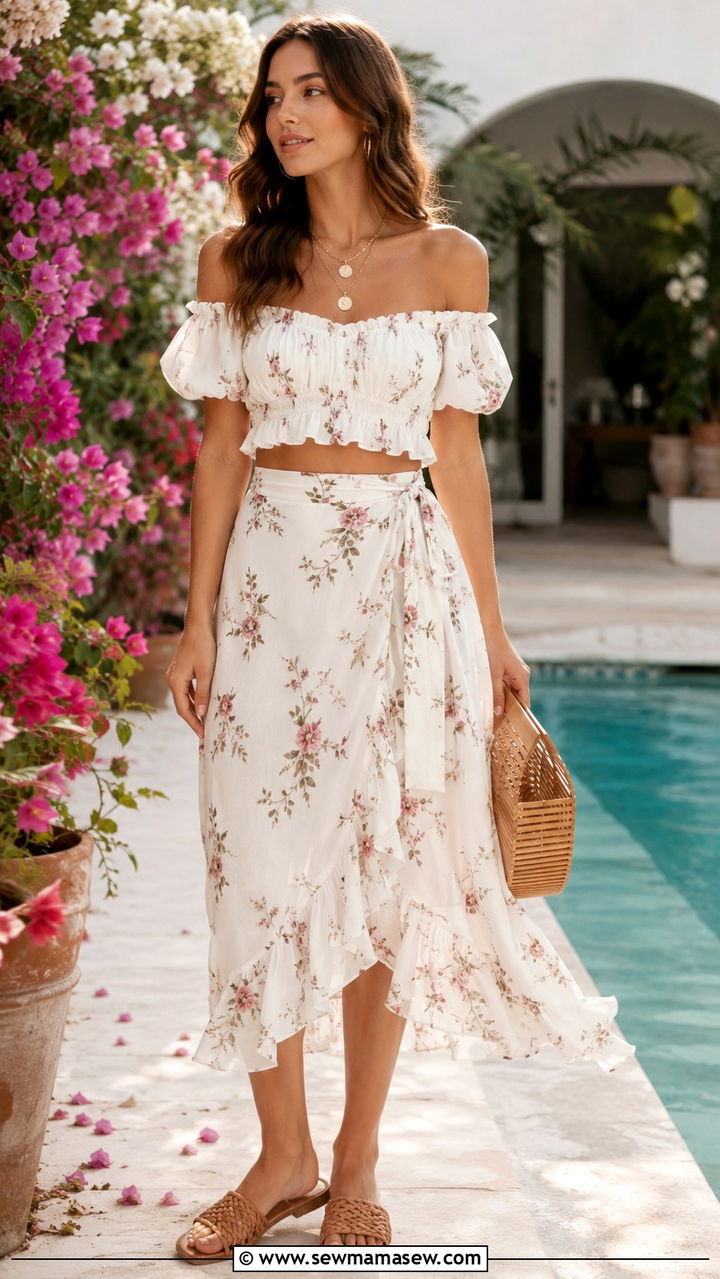 Off Shoulder Top With Flowy Midi Skirt - 25 Pool party outfit ideas not a swimsuit