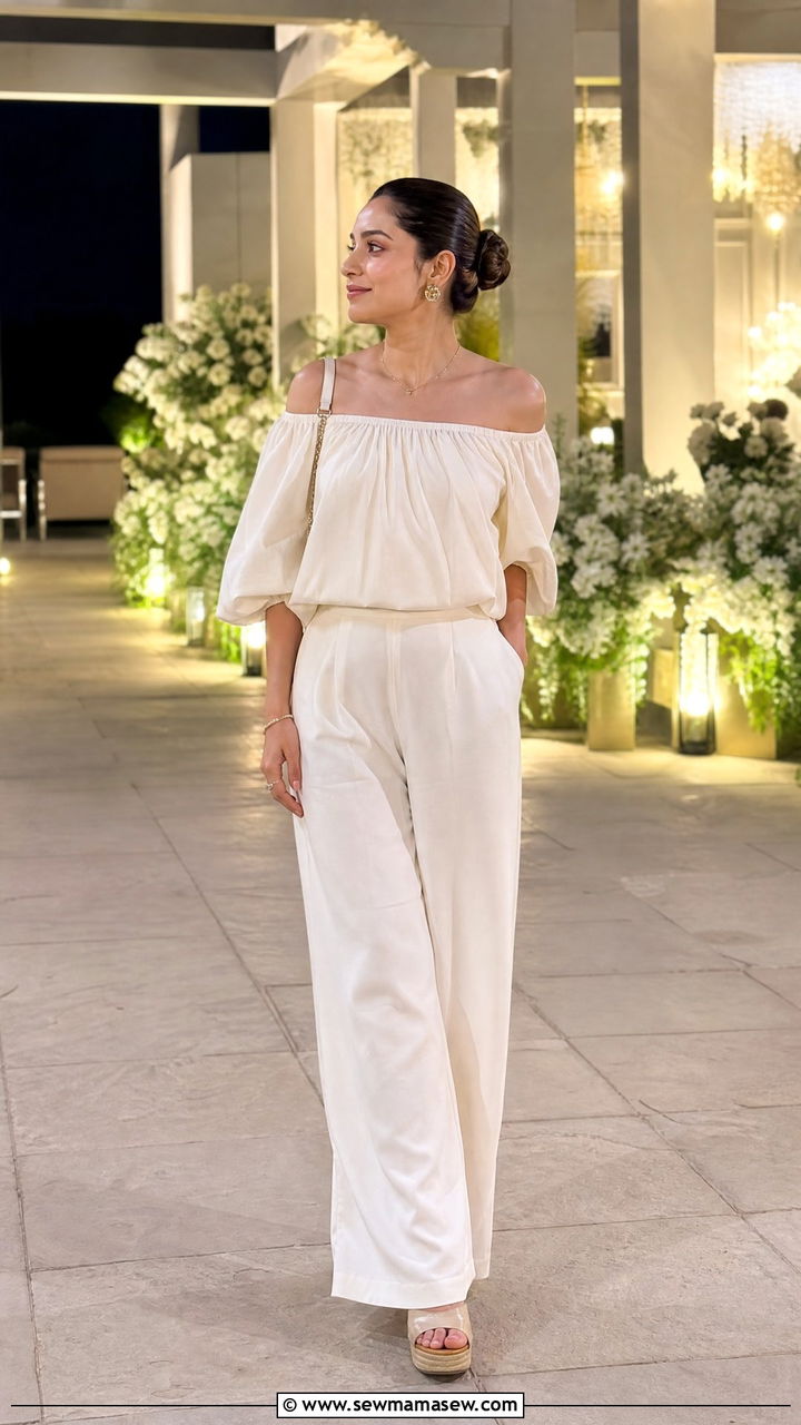 Off Shoulder Top With High Waist Palazzo Pants - 25 Maternity outfit ideas hiding bump