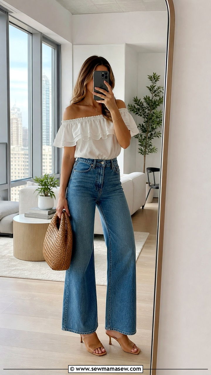 Off Shoulder Top With High Waisted Wide Leg Jeans - 40 summer street style outfits
