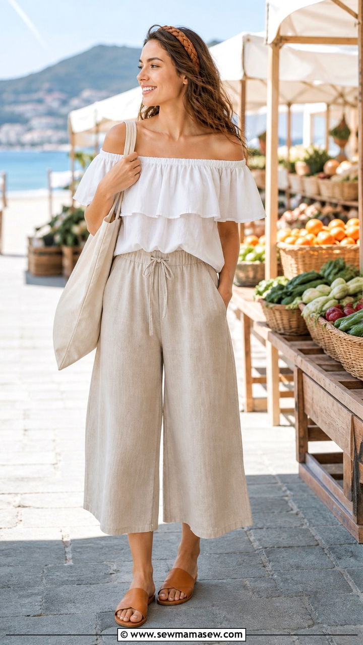 Off Shoulder Top With Linen Culottes - 40 boho chic outfits