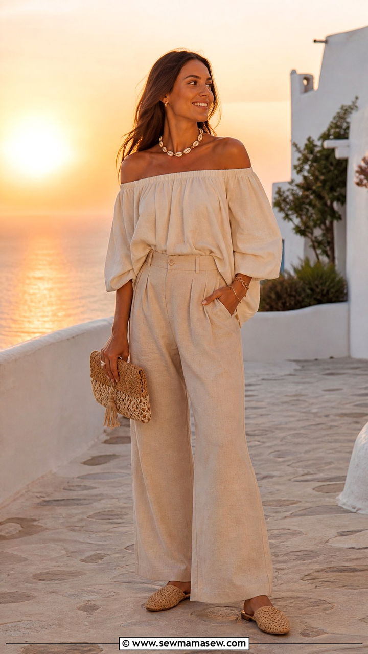 Off Shoulder Top With Linen Pants - 40 Summer outfit ideas