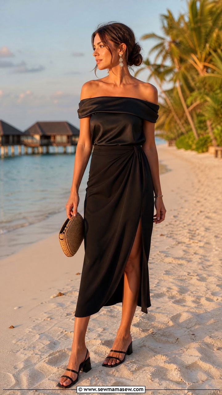 Off Shoulder Top With Midi Skirt And Block Heels - 35 Maldives vacation outfit ideas