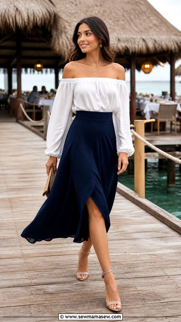 Off Shoulder Top With Midi Skirt and Block Heels - 40 What to wear in Maldives