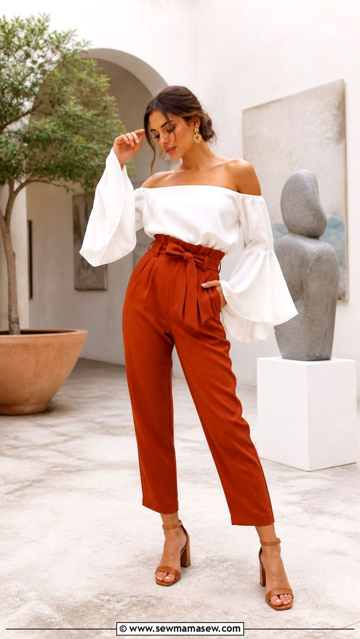 Off Shoulder Top With Paper Bag Waist Trousers And Block Heels - 40 Off the shoulder top outfit ideas