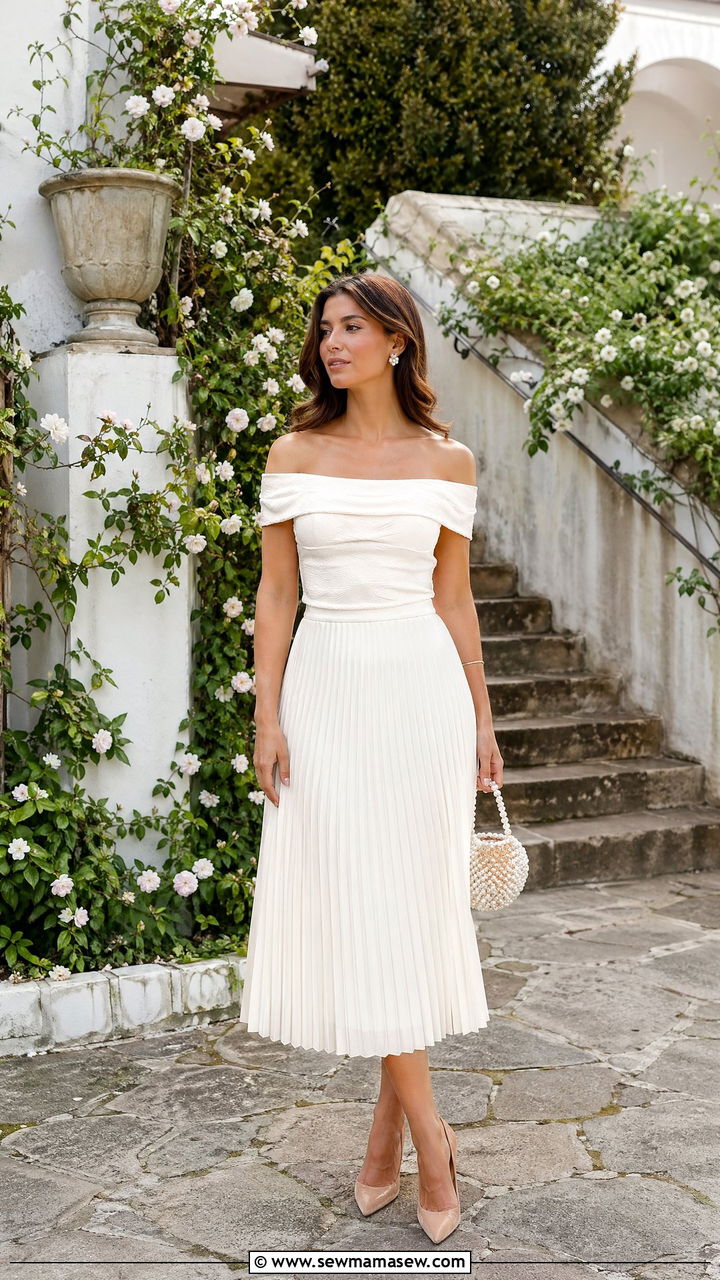 Off Shoulder Top With Pleated Midi Skirt - 35 Elegant summer outfits