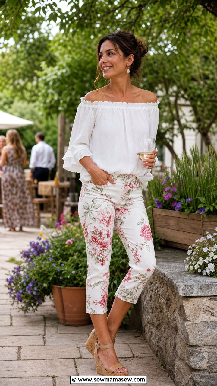 Off Shoulder Top With Printed Capri Pants And Wedge Sandals - 25 summer capri pants outfit ideas
