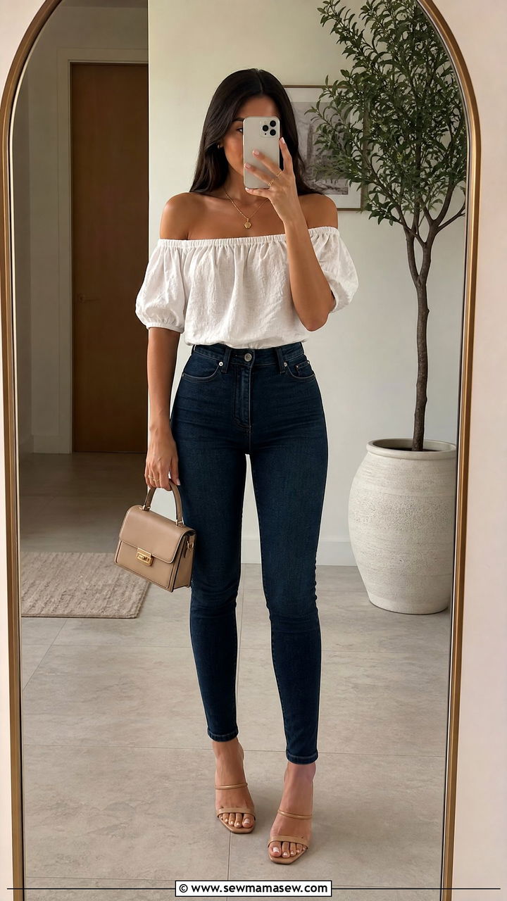 Off Shoulder Top With Skinny Jeans And Heeled Sandals - 30 Outfit ideas for skinny women