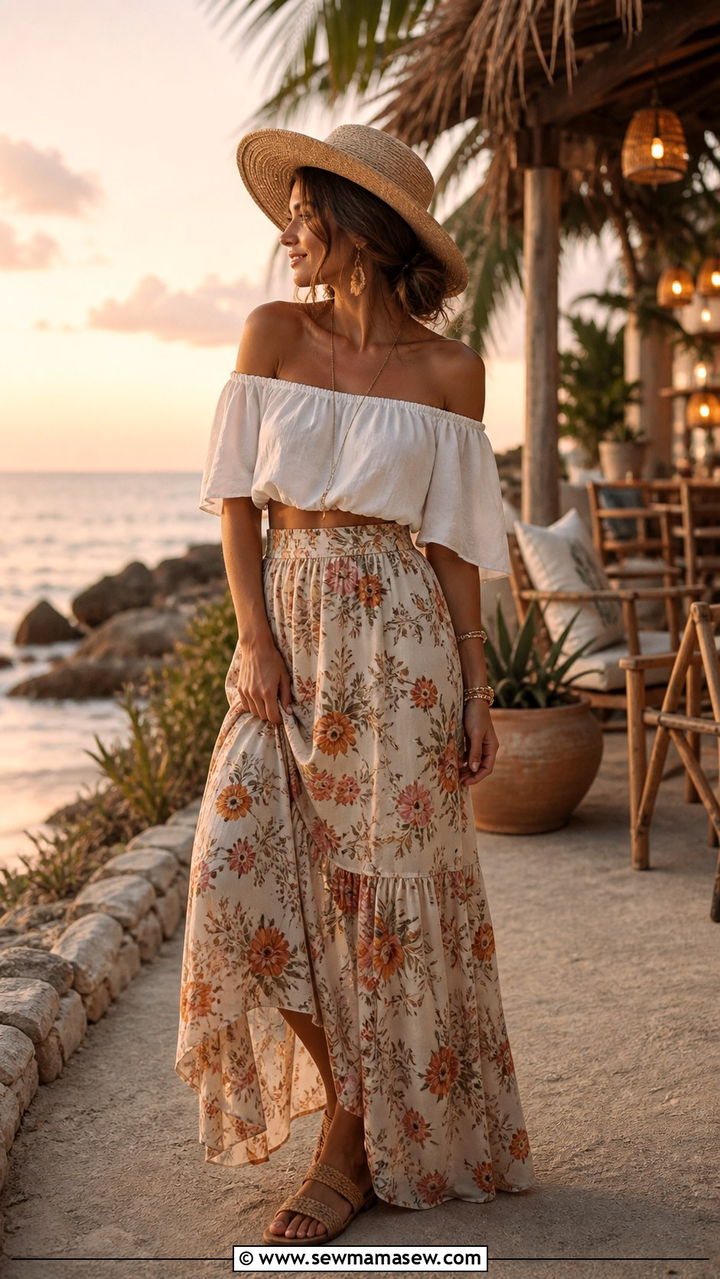 Off Shoulder Top With Tiered Maxi Dress Layered Effect - 40 Off the shoulder top outfit ideas