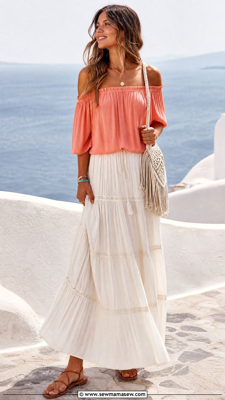 Off Shoulder Top With Tiered Maxi Skirt - 30 modest classy outfits 2026