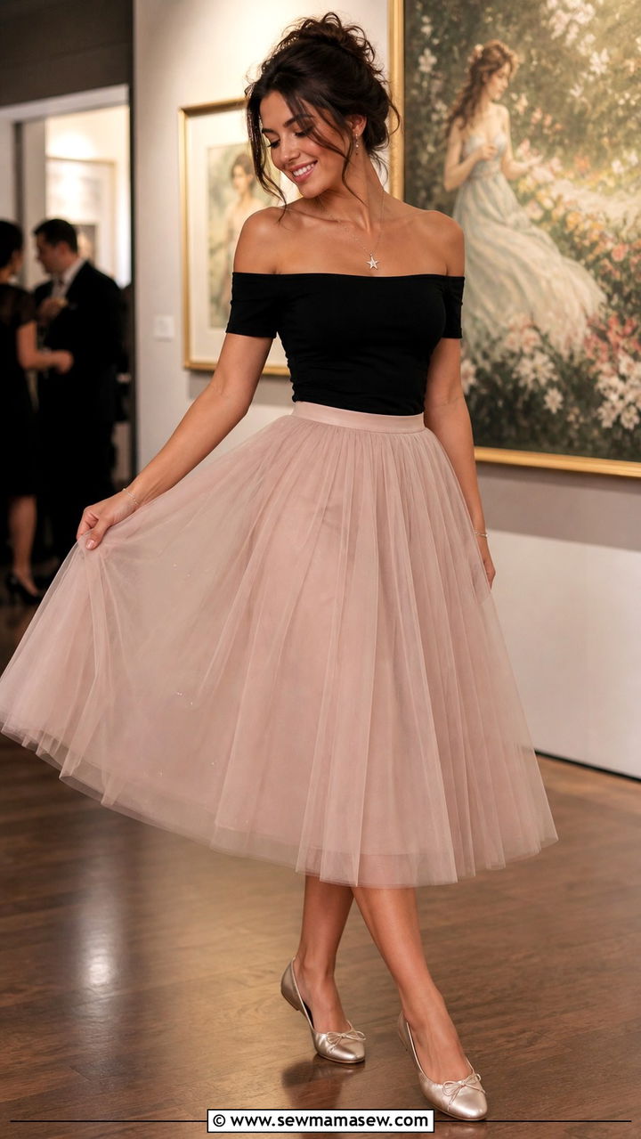 Off Shoulder Top With Tulle Skirt And Metallic Flats - 40 Off the shoulder top outfit ideas