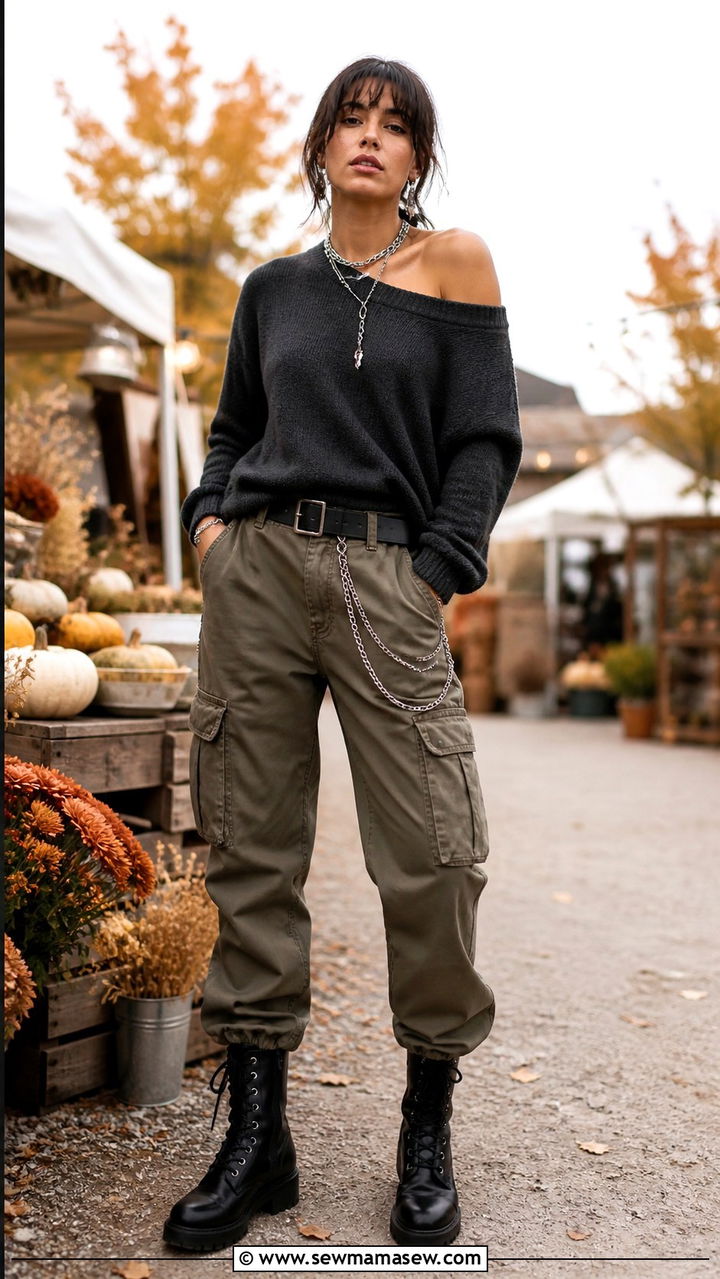 Off Shoulder Top With Utility Pants And Combat Boots - 40 Off the shoulder top outfit ideas