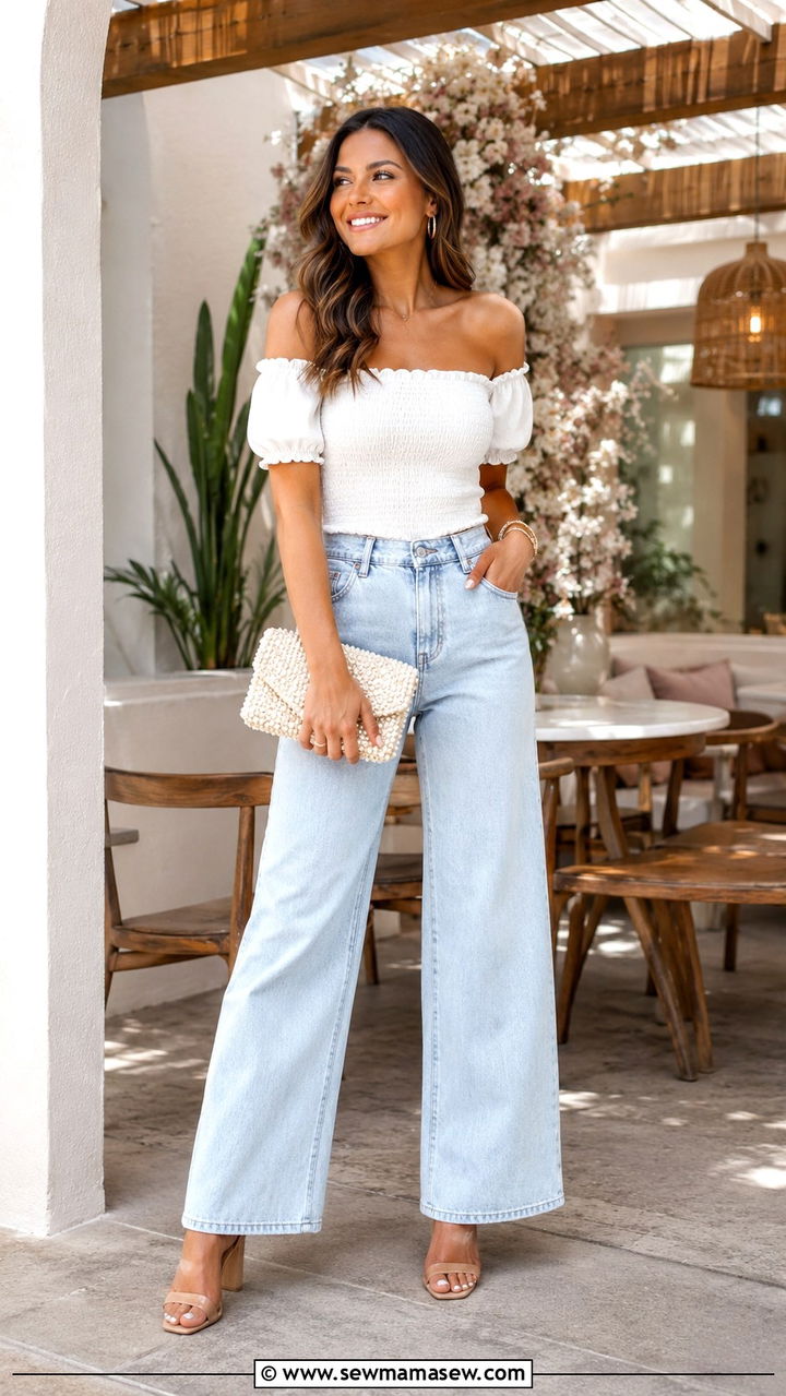 Off Shoulder Top With Wide Leg Jeans - 25 Birthday brunch outfit ideas 2026