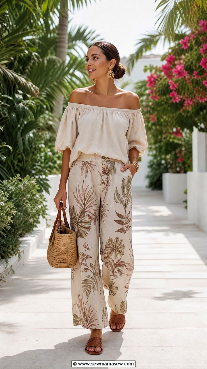 Off Shoulder Top With Wide Leg Linen Pants Bahamas - 25 Bahamas outfit ideas
