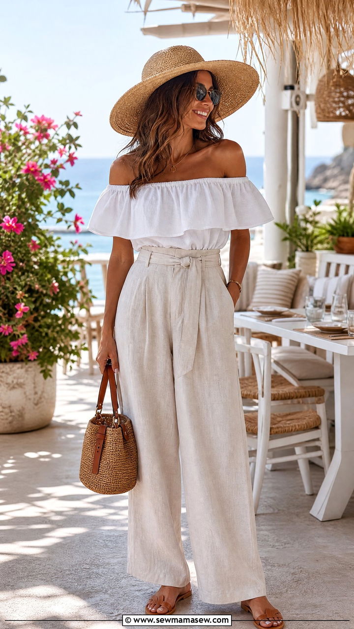 Off Shoulder Top With Wide Leg Linen Trousers - 25 Brunch outfit ideas early morning
