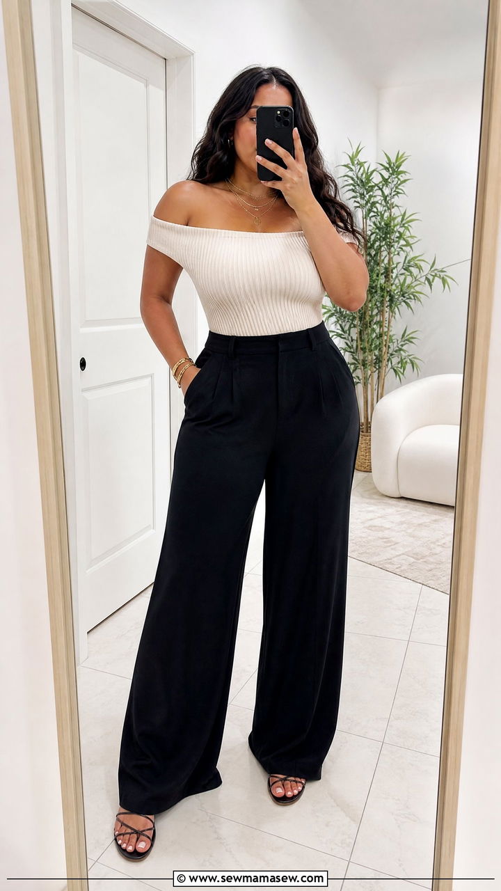 Off Shoulder Top With Wide Leg Pants - 25 casual outfits for pear shaped body