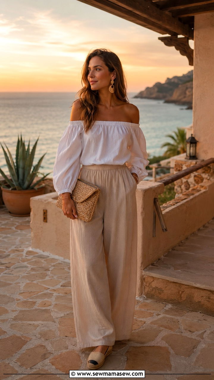 Off Shoulder Top With Wide Leg Pants - 30 Mexico packing list outfits