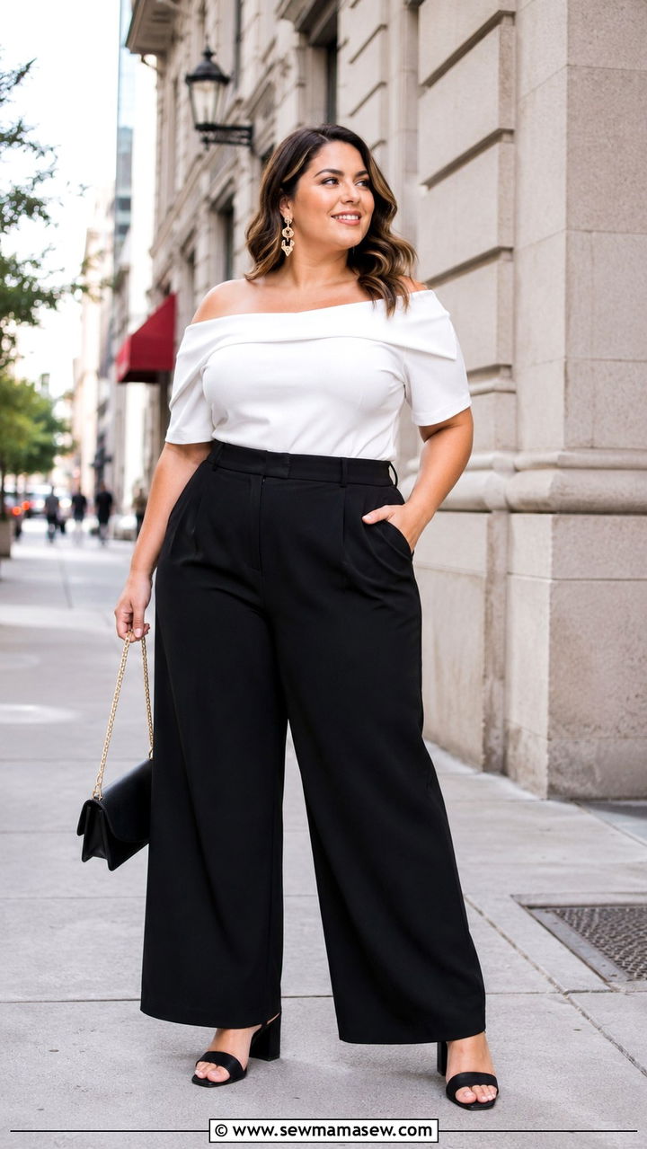 Off Shoulder Top With Wide Leg Trousers - 25 Outfit ideas for pear shape plus size