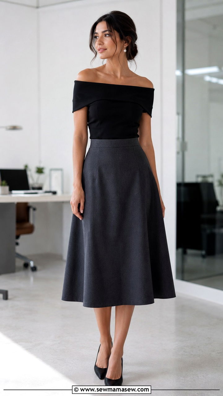 Off Shoulder Top and A Line Skirt - 25 Work outfits for pear shape