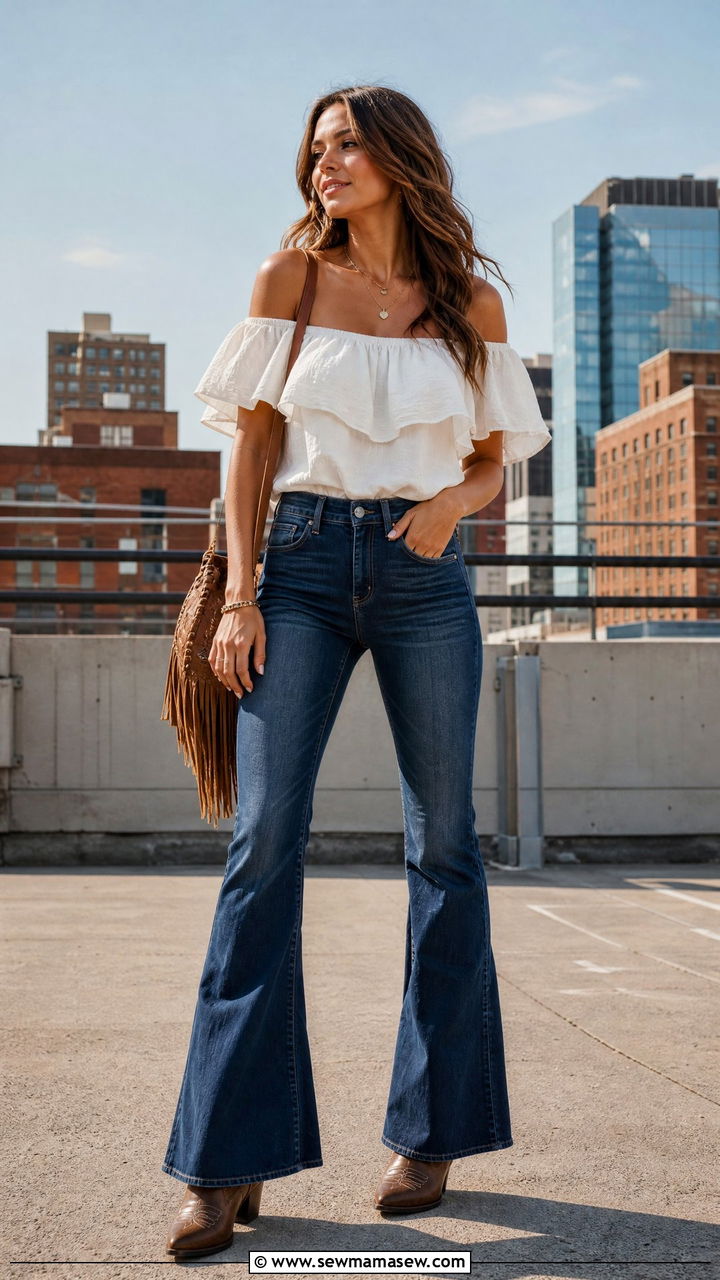 Off Shoulder Top and Bootcut Jeans Outfit - 30 Country summer outfits