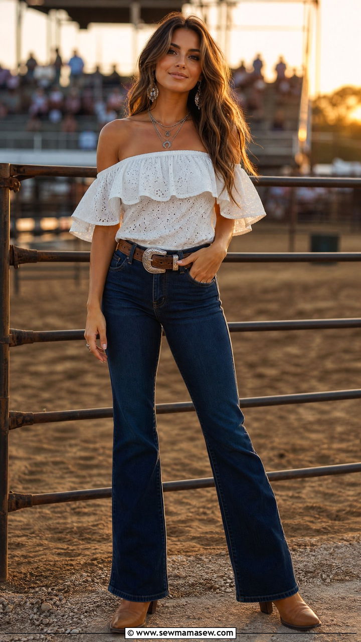 Off Shoulder Top and Bootcut Jeans Outfit - 30 summer western outfit ideas